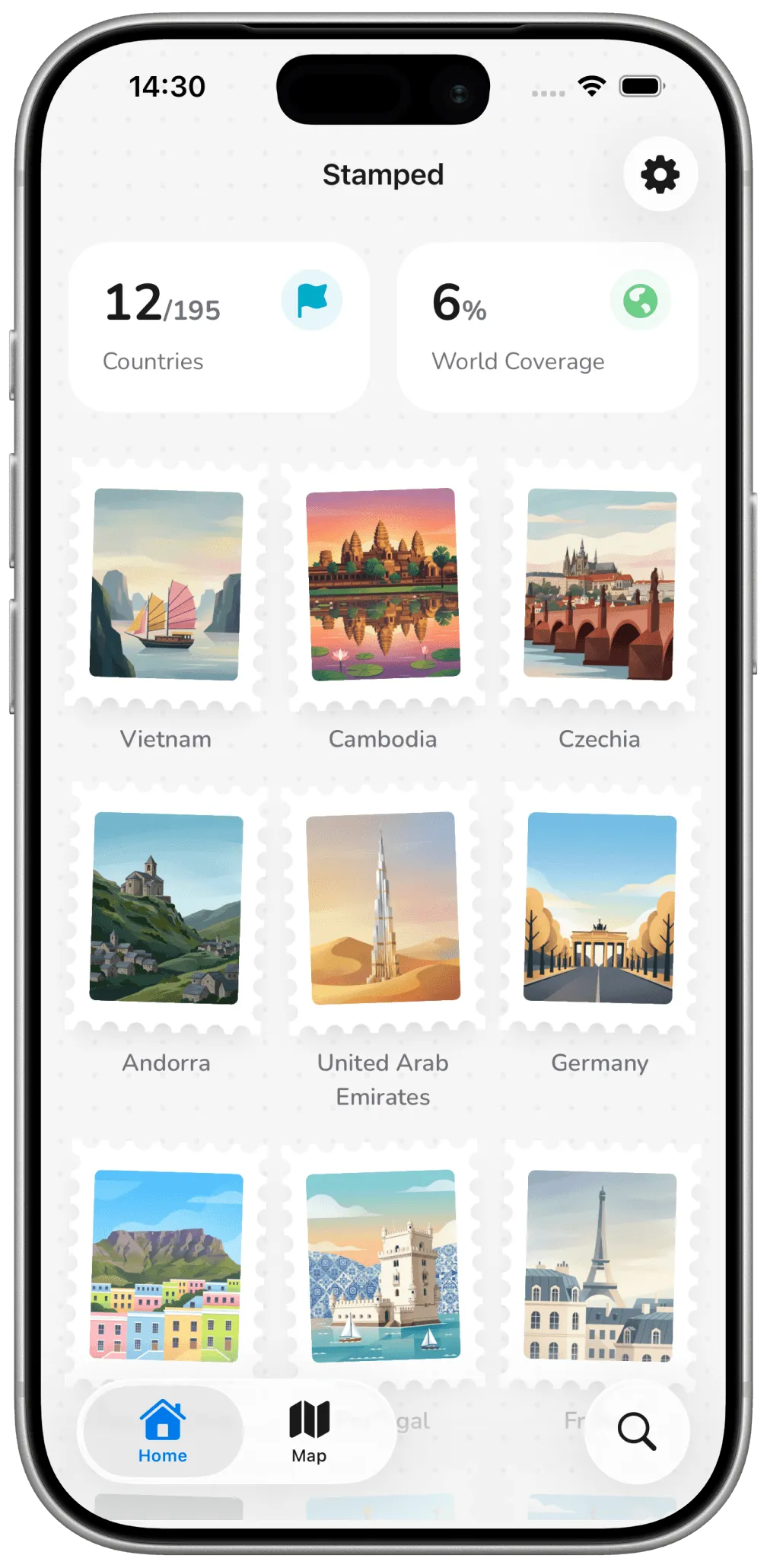 Stamped app showing collected country stamps